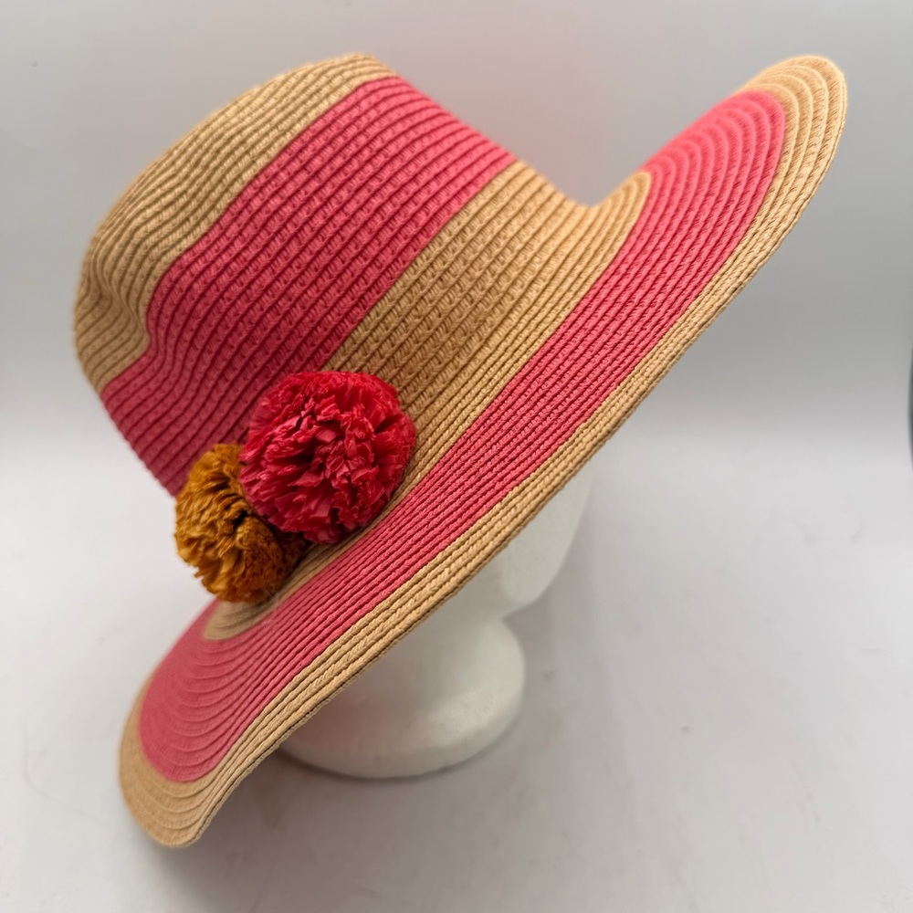 Wide Brim Coral Stripe Sun Hat with Pom Pom Accent – 58 cm